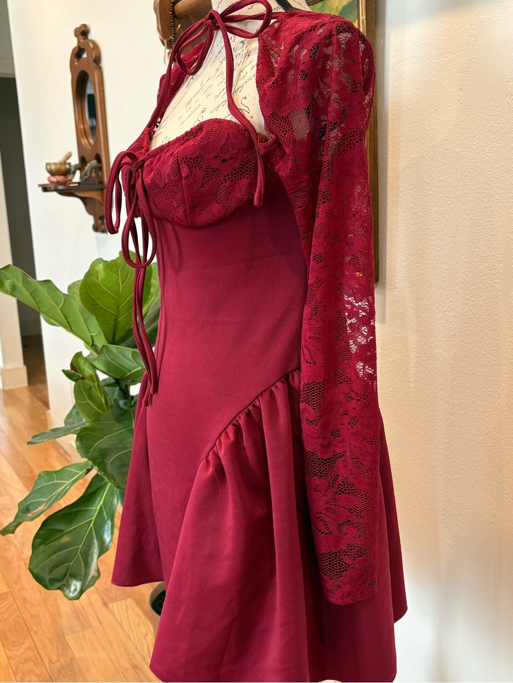 Burgundy Lace Mini Dress Coquette Goth Vampirecore - Picture 3 of 6